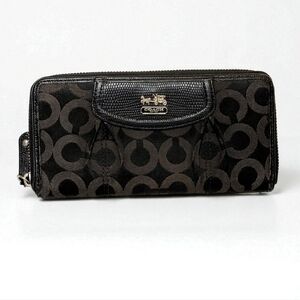 Coach Black & Brown Signature Zip Around Wallet Leather Trim Excellent Condition